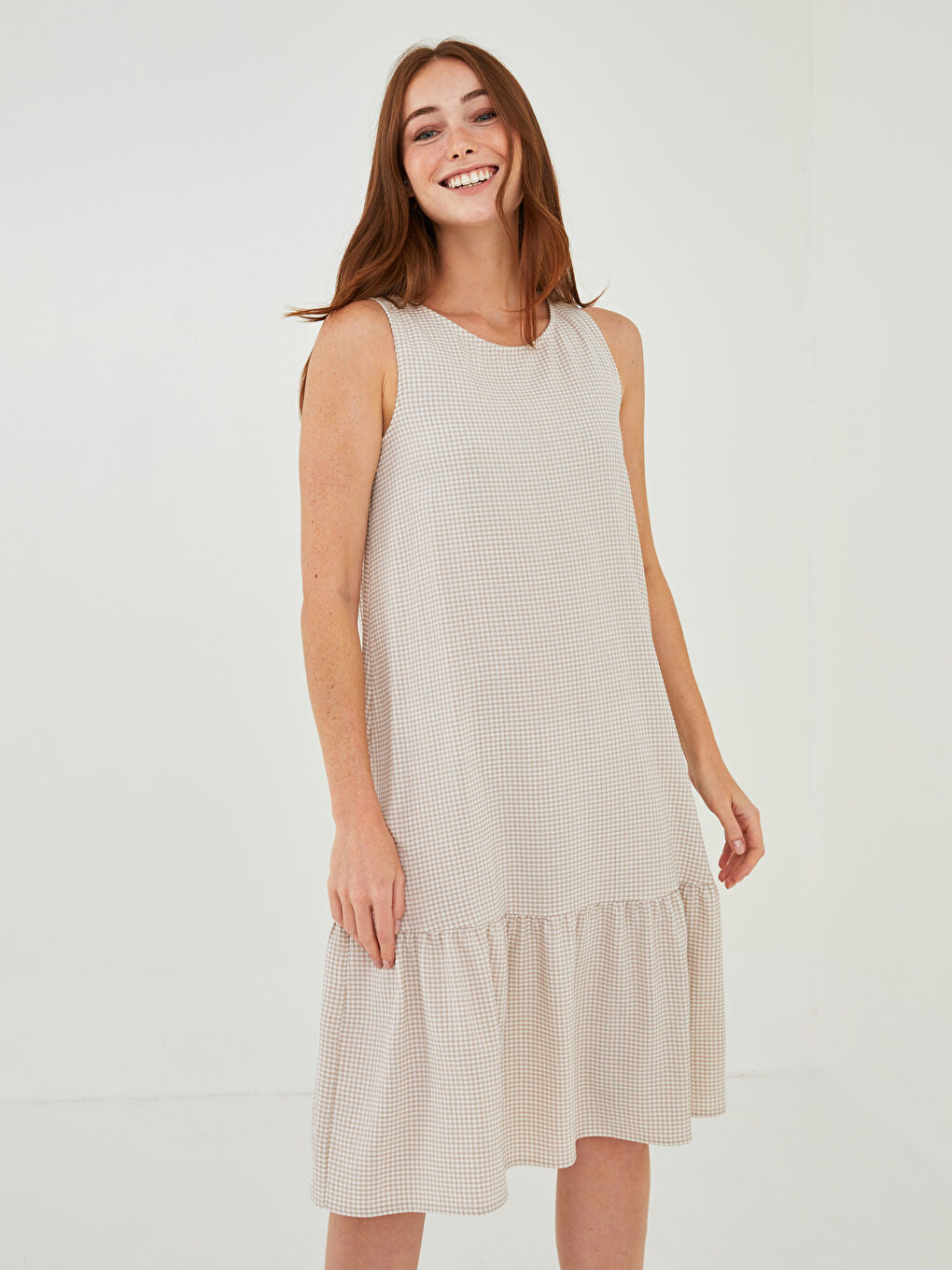 Crew Neck Plaid Sleeveless A-Line Poplin Women's Dress-1