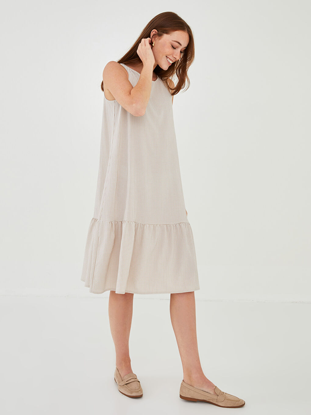 Crew Neck Plaid Sleeveless A-Line Poplin Women's Dress-2