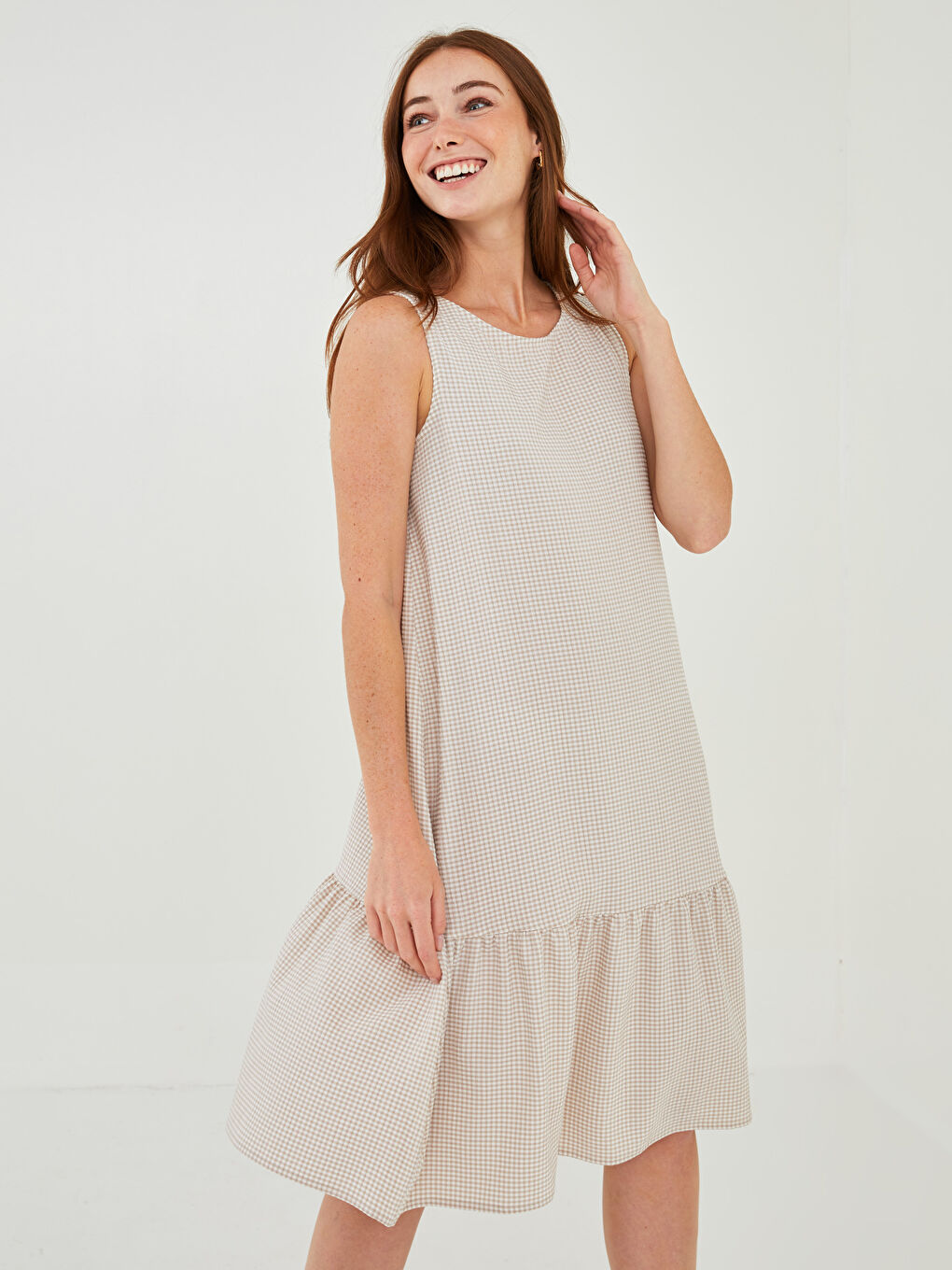 Crew Neck Plaid Sleeveless A-Line Poplin Women's Dress-3