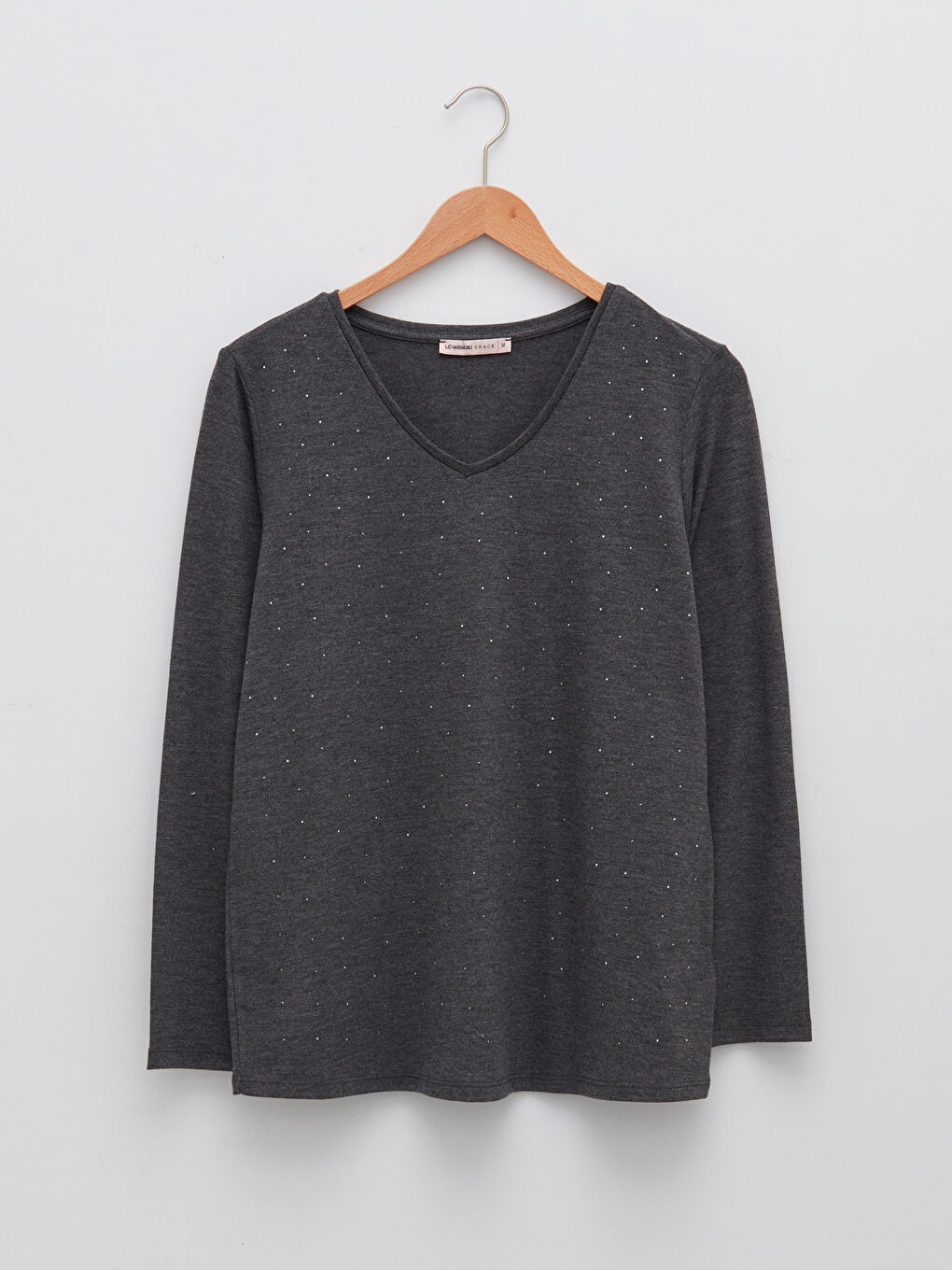 Gri V Yaka Taşlı Uzun Kollu Viskon Kadın Bluz-6