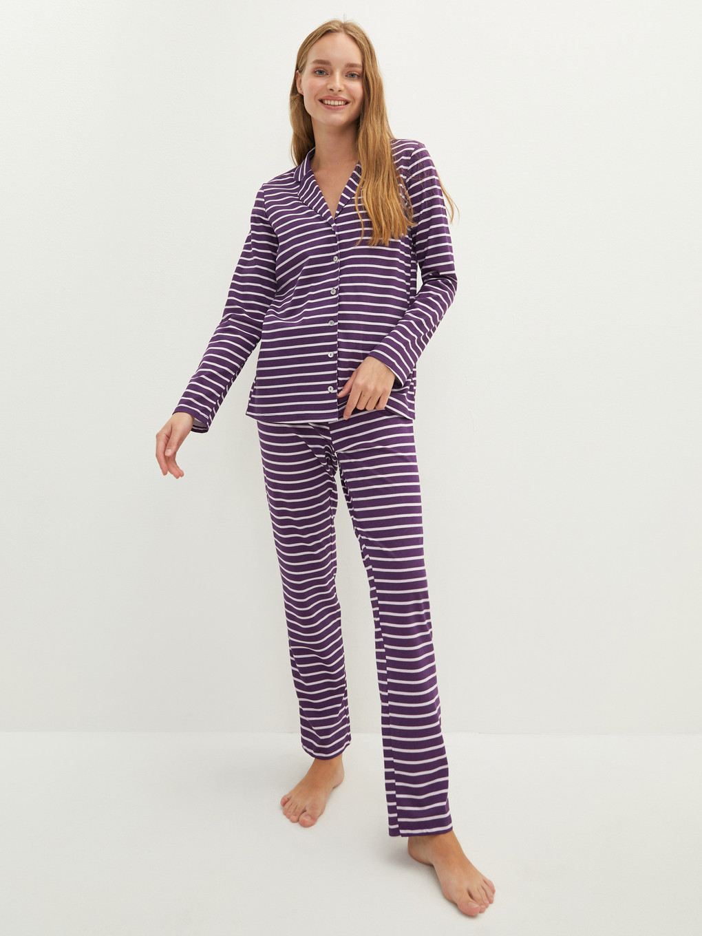 Mor Gömlek Yaka Çizgili Uzun Kollu Pamuklu Kadın Pijama Takımı