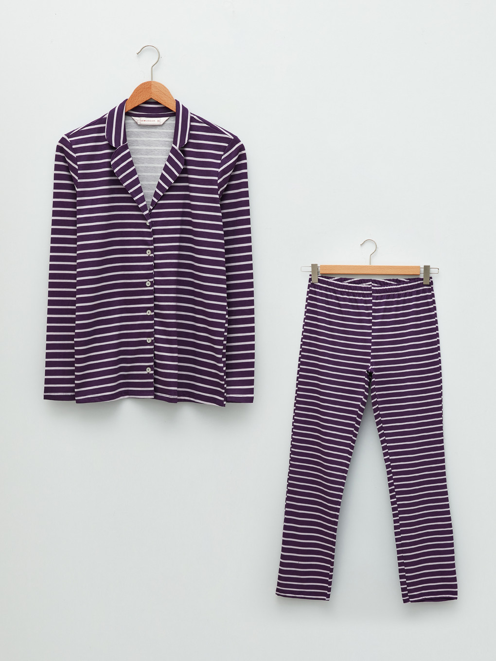 Mor Gömlek Yaka Çizgili Uzun Kollu Pamuklu Kadın Pijama Takımı-5