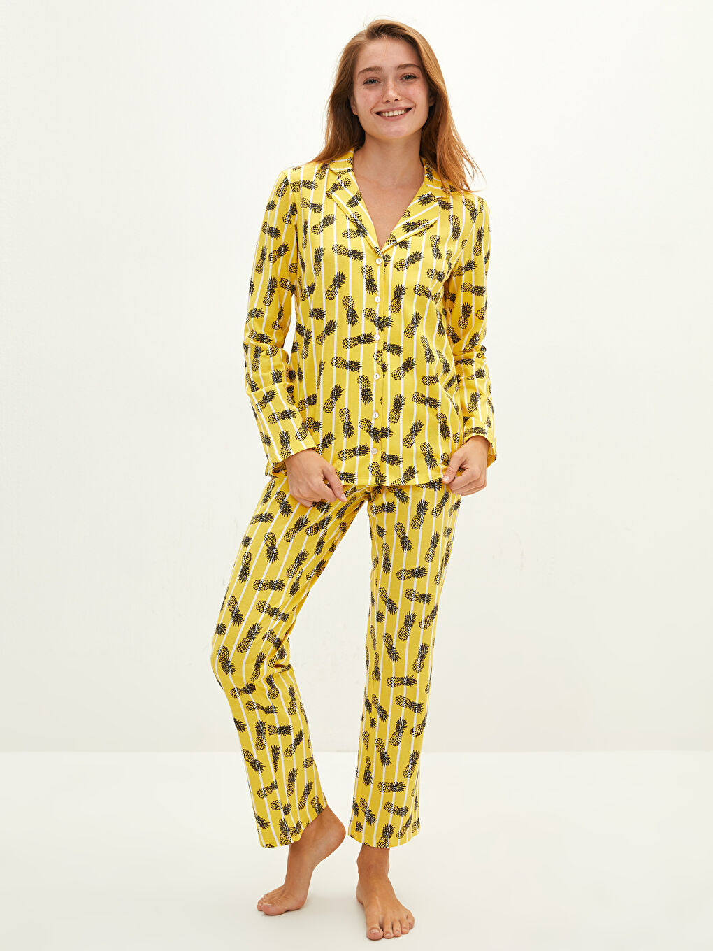 Sarı Gömlek Yaka Desenli Uzun Kollu Pamuklu Kadın Pijama Takımı