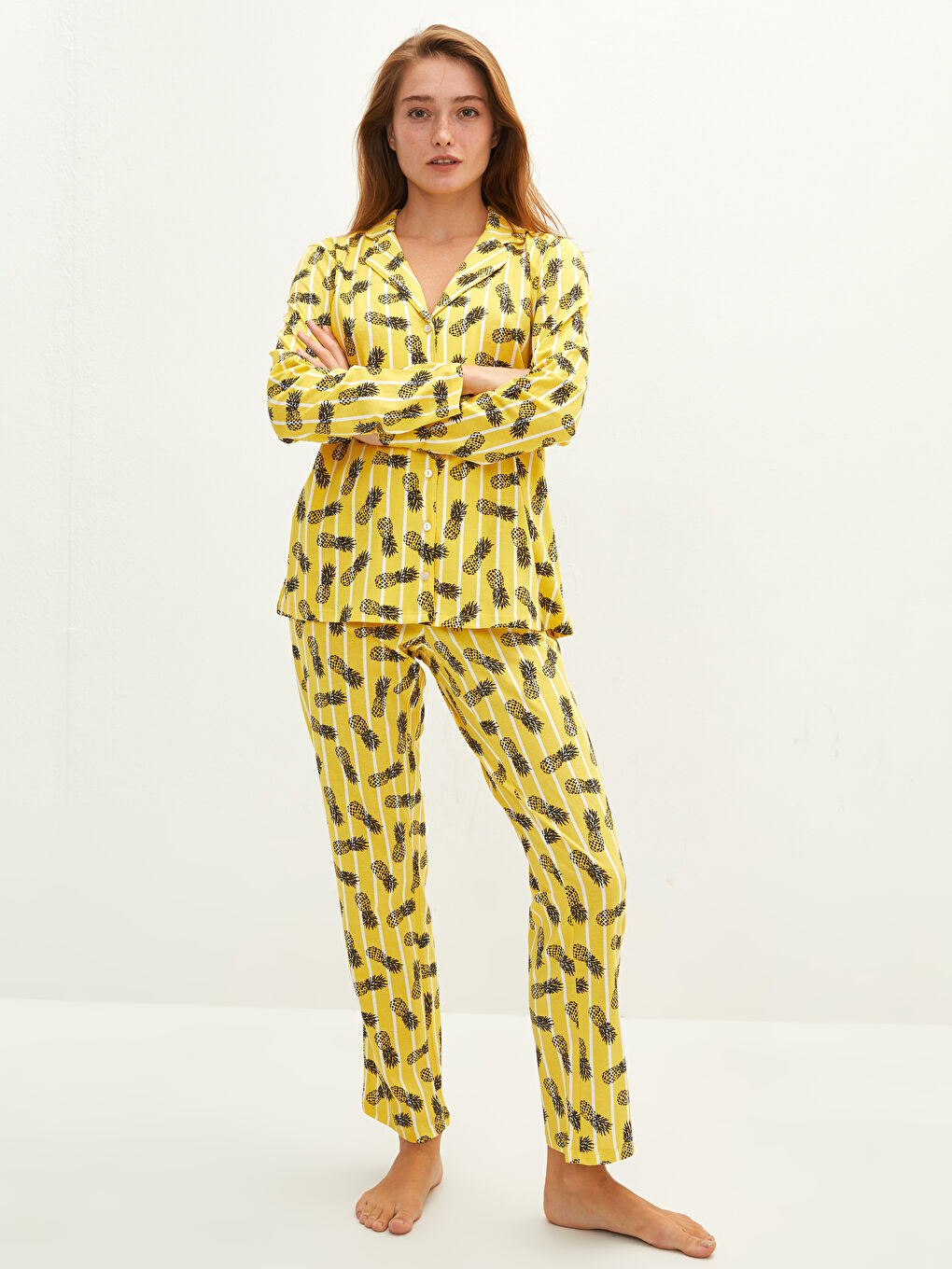 Sarı Gömlek Yaka Desenli Uzun Kollu Pamuklu Kadın Pijama Takımı-1