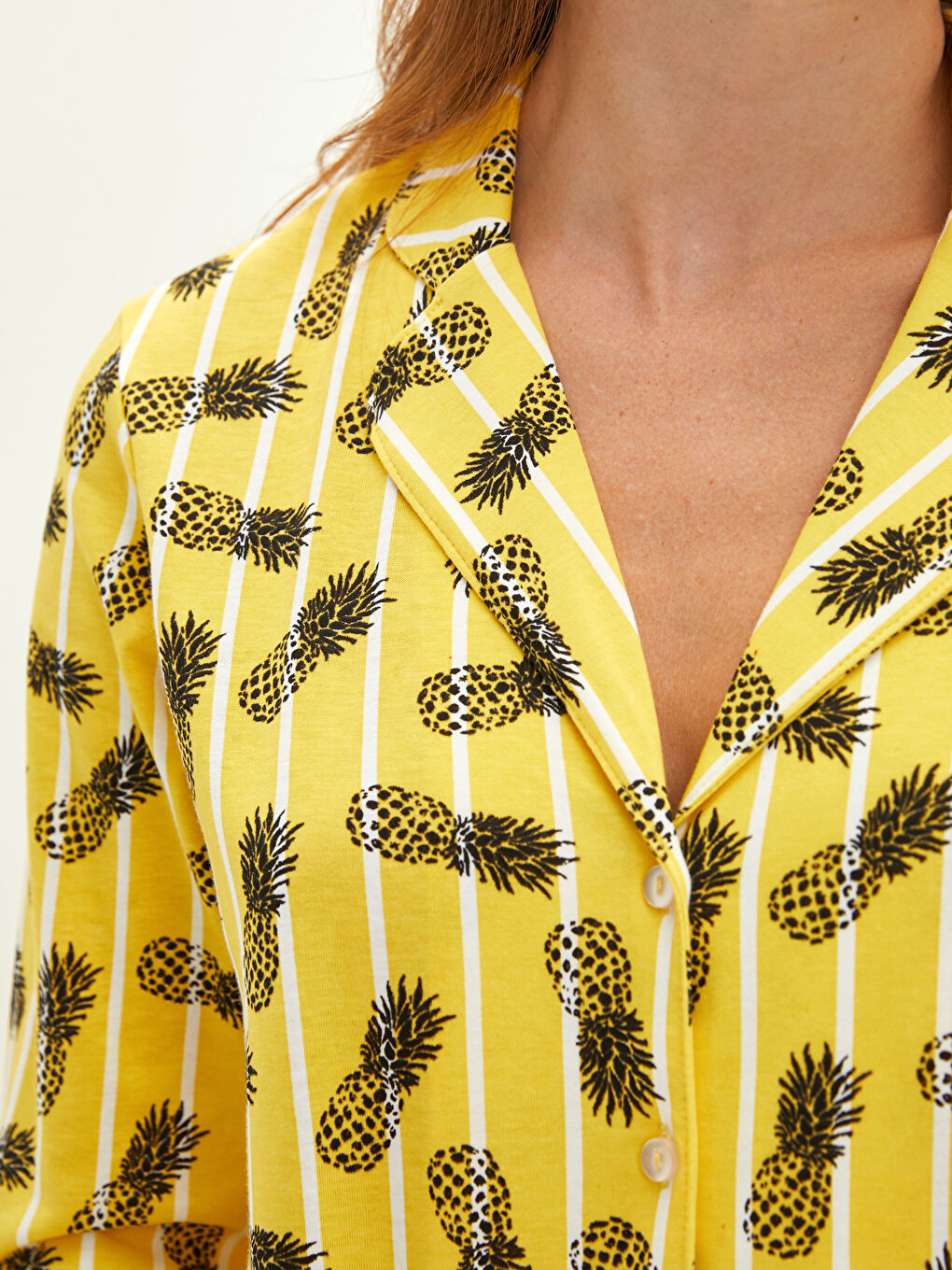 Sarı Gömlek Yaka Desenli Uzun Kollu Pamuklu Kadın Pijama Takımı-3