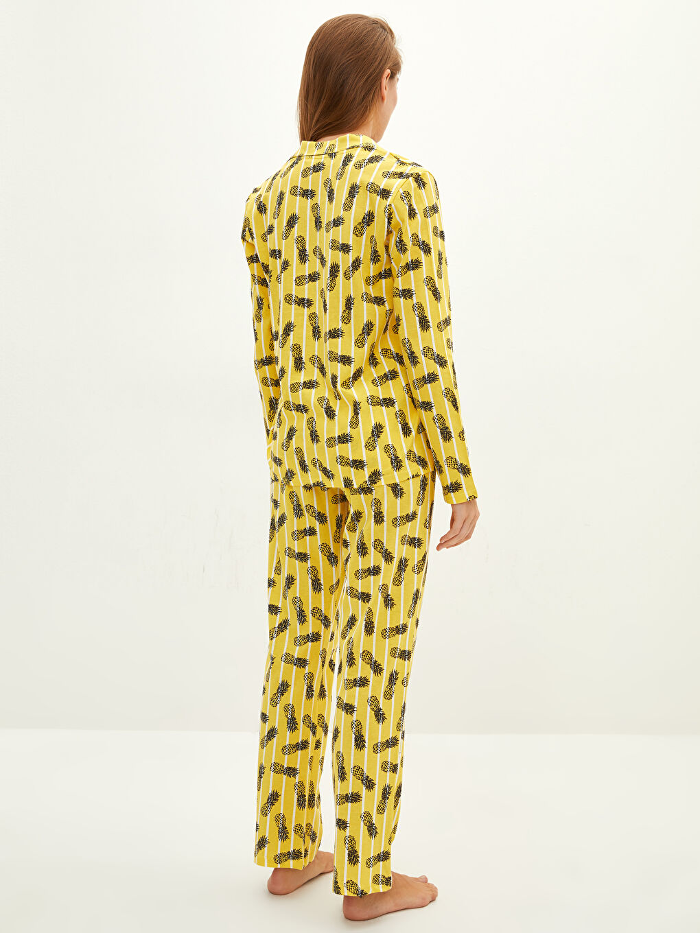 Sarı Gömlek Yaka Desenli Uzun Kollu Pamuklu Kadın Pijama Takımı-4