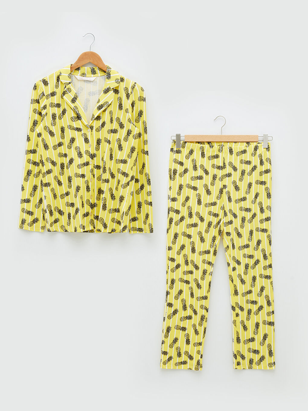 Sarı Gömlek Yaka Desenli Uzun Kollu Pamuklu Kadın Pijama Takımı-5