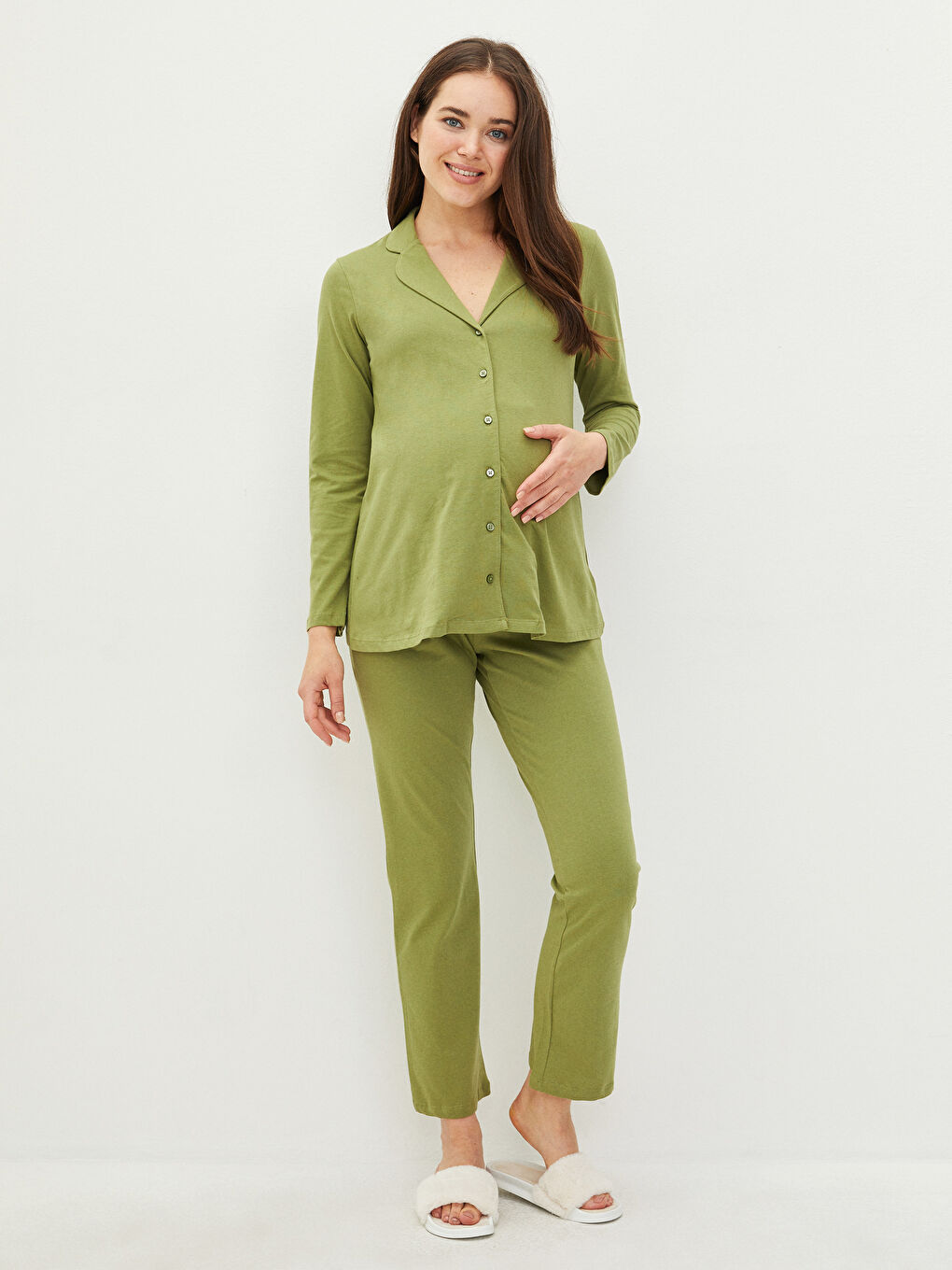 Haki Gömlek Yaka Düz Uzun Kollu Pamuklu Hamile Pijama Takımı