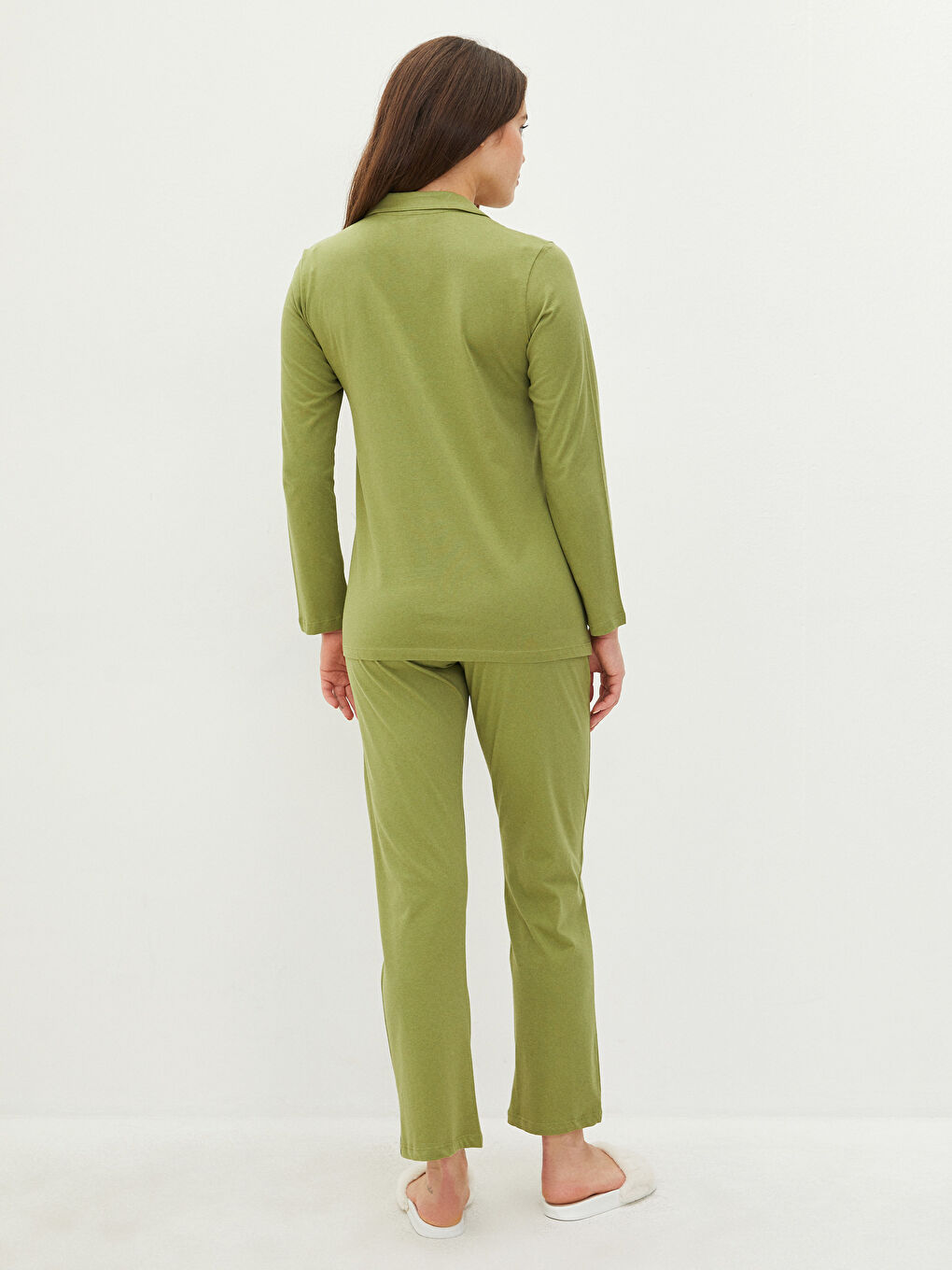 Haki Gömlek Yaka Düz Uzun Kollu Pamuklu Hamile Pijama Takımı-2