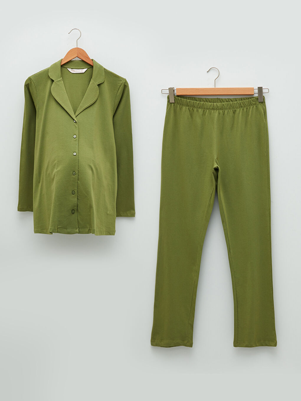 Haki Gömlek Yaka Düz Uzun Kollu Pamuklu Hamile Pijama Takımı-3