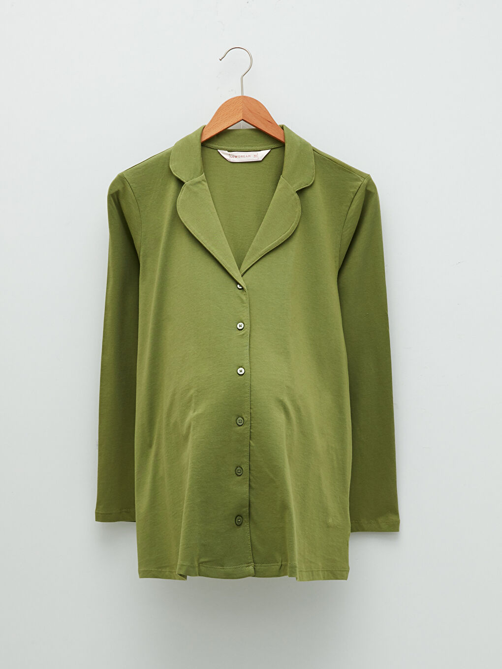 Haki Gömlek Yaka Düz Uzun Kollu Pamuklu Hamile Pijama Takımı-4