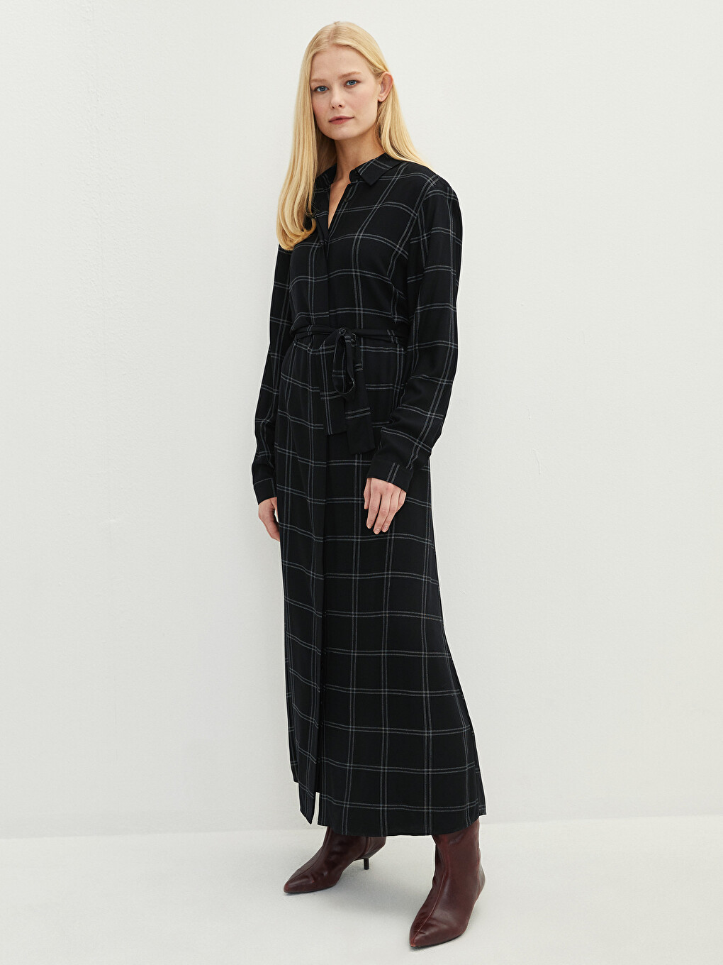 Front Button Closure Plaid Long Sleeve Viscose Women Shirt Shirt Dress-3