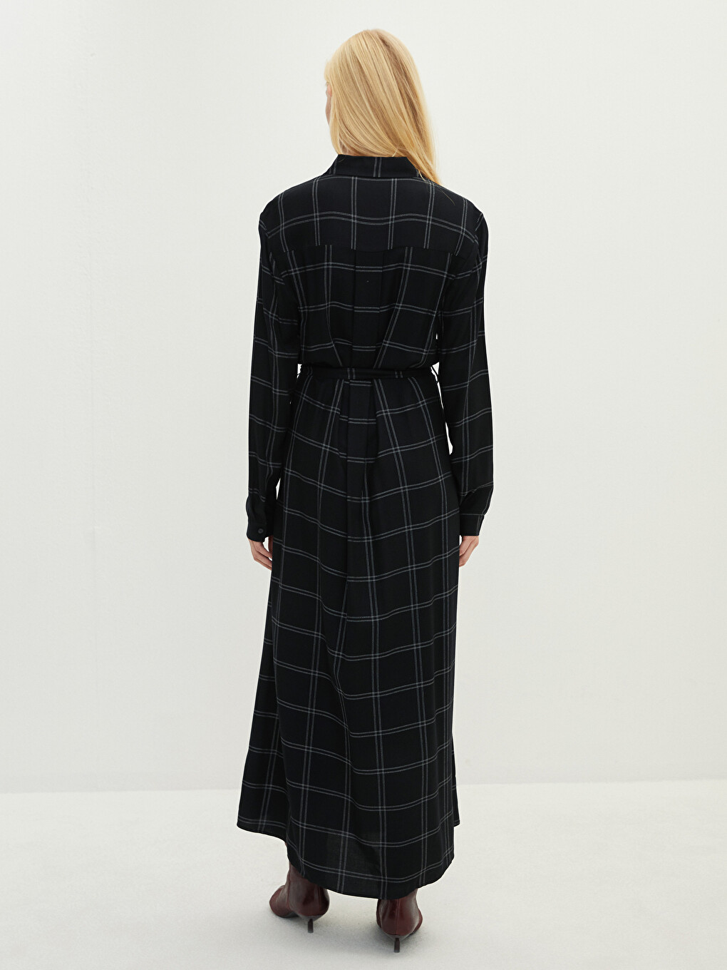 Front Button Closure Plaid Long Sleeve Viscose Women Shirt Shirt Dress-6