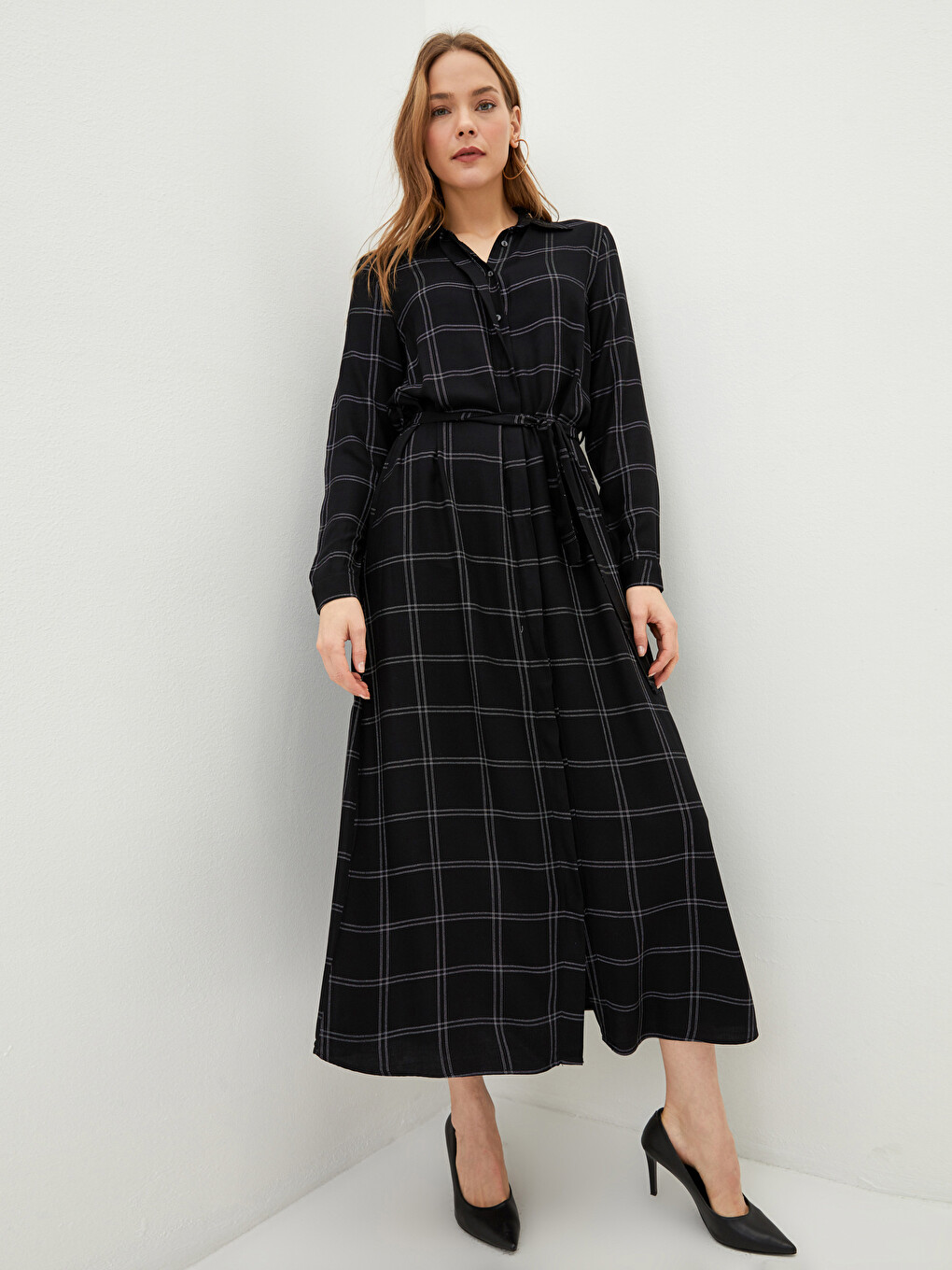 Front Button Closure Plaid Long Sleeve Viscose Women Shirt Shirt Dress