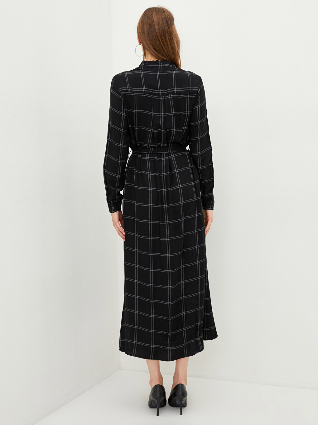 Front Button Closure Plaid Long Sleeve Viscose Women Shirt Shirt Dress-4