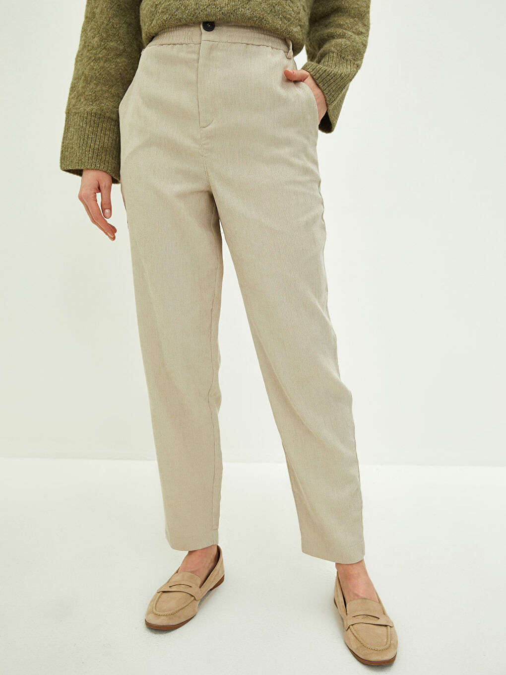 High Waist Standard Fit Corduroy Women's Trousers-3