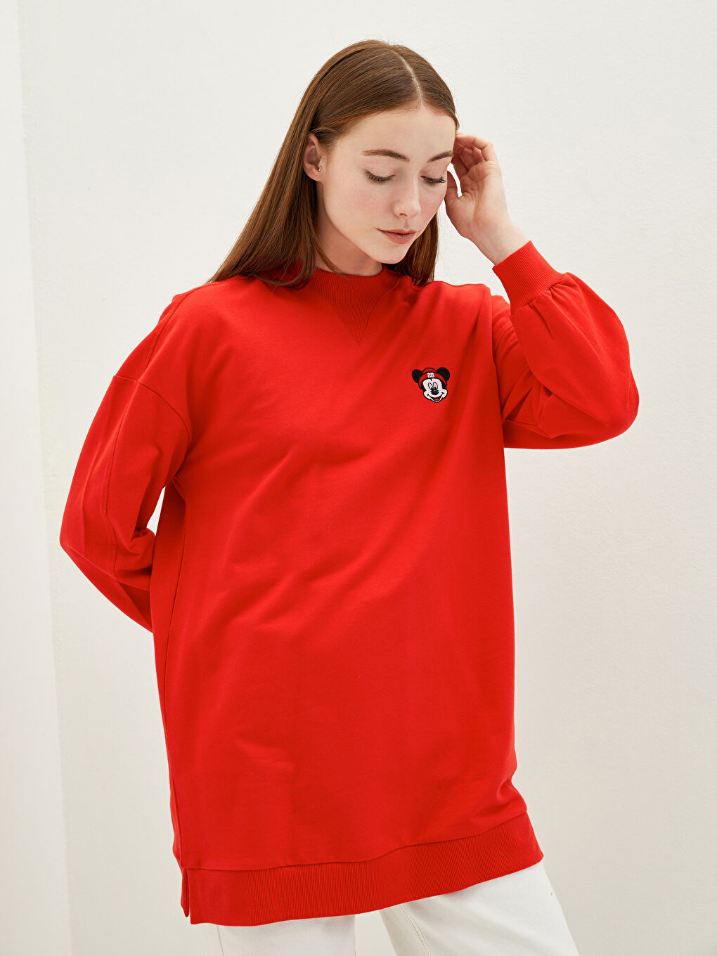 Crew Neck Mickey Mouse Embroidered Long Sleeve Women's Sweatshirt Tunic