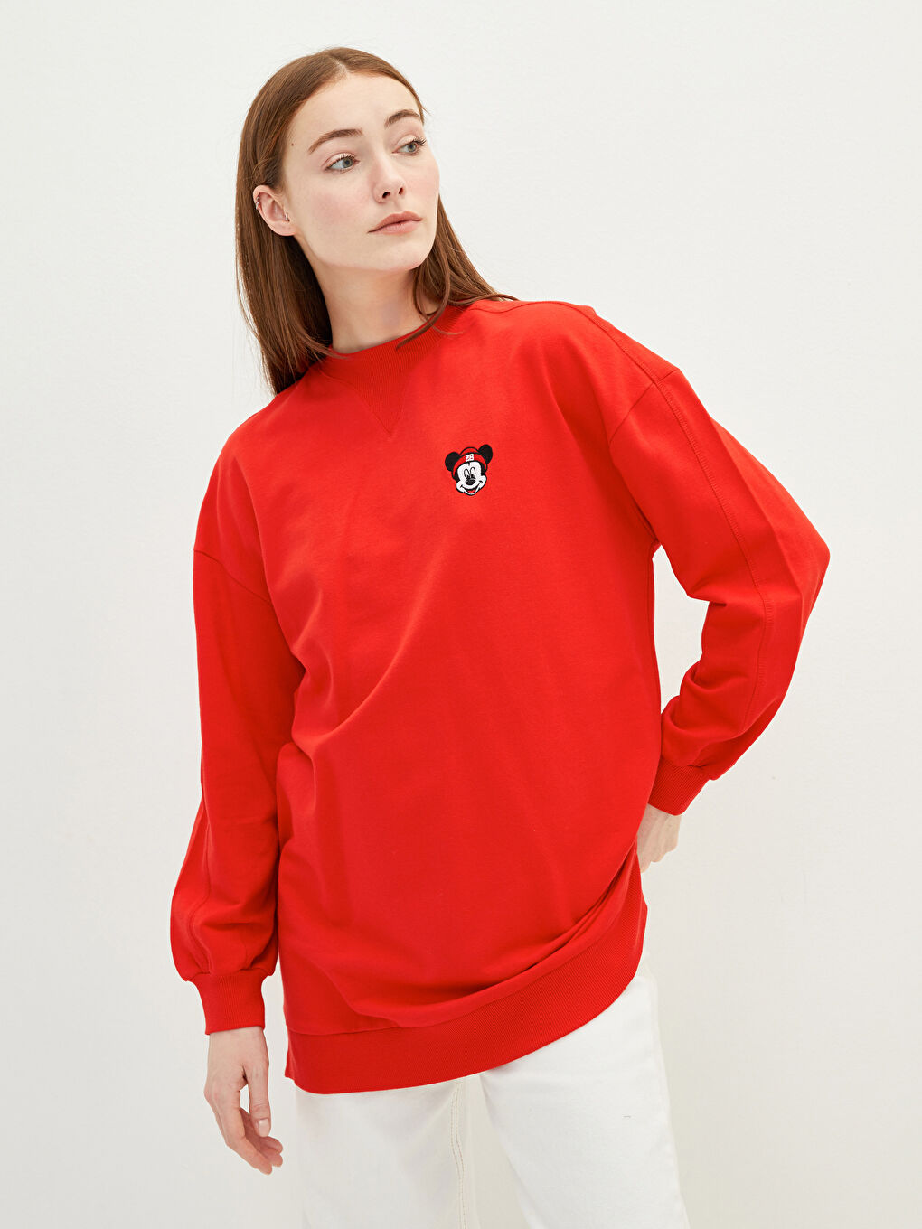 Crew Neck Mickey Mouse Embroidered Long Sleeve Women's Sweatshirt Tunic-2