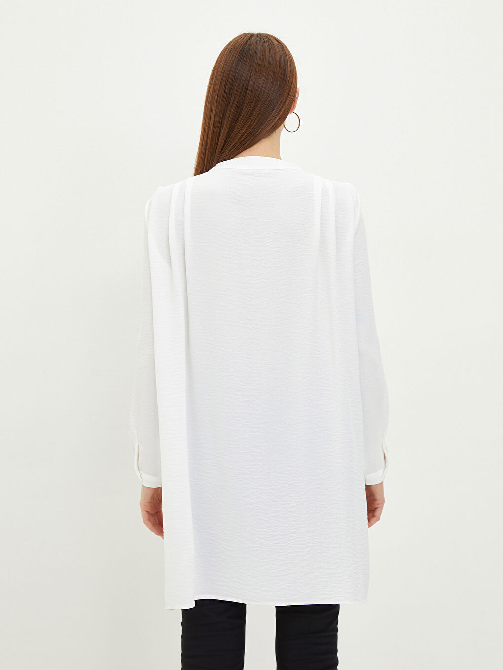 Ekru Bisiklet Yaka Düz Uzun Kollu Kadın Tunik-3