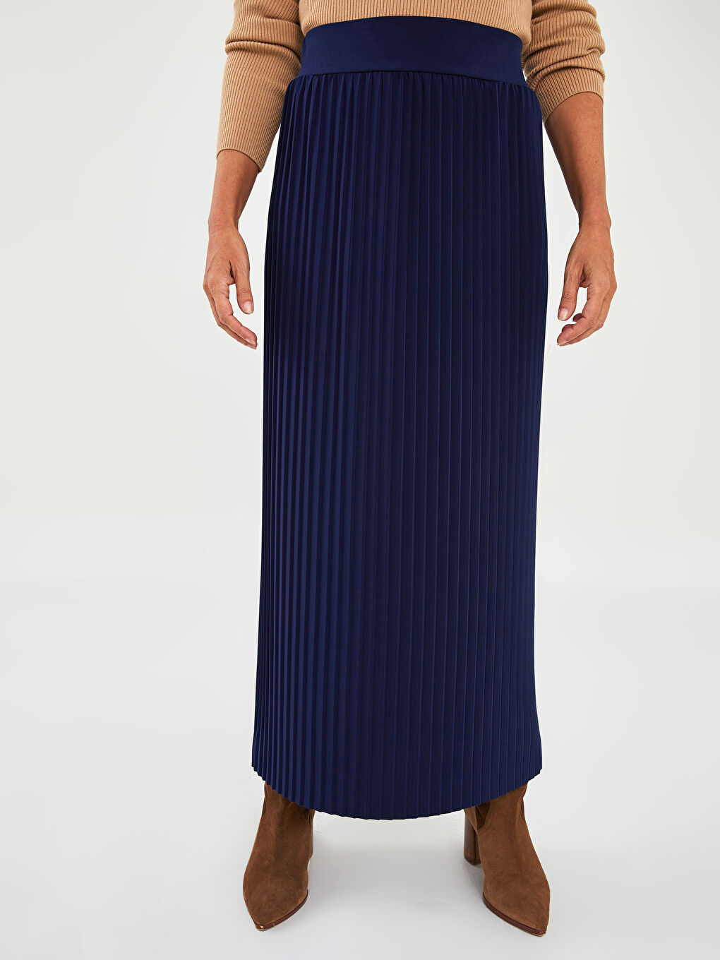 Lacivert Beli Lastikli Düz Astarsız Kadın Pileli Etek-3