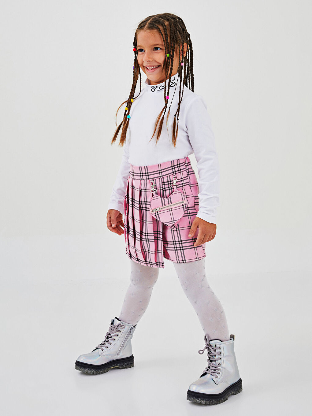 Pembe Beli Lastikli Ekose Kız Çocuk Şort Etek ve Çanta-2