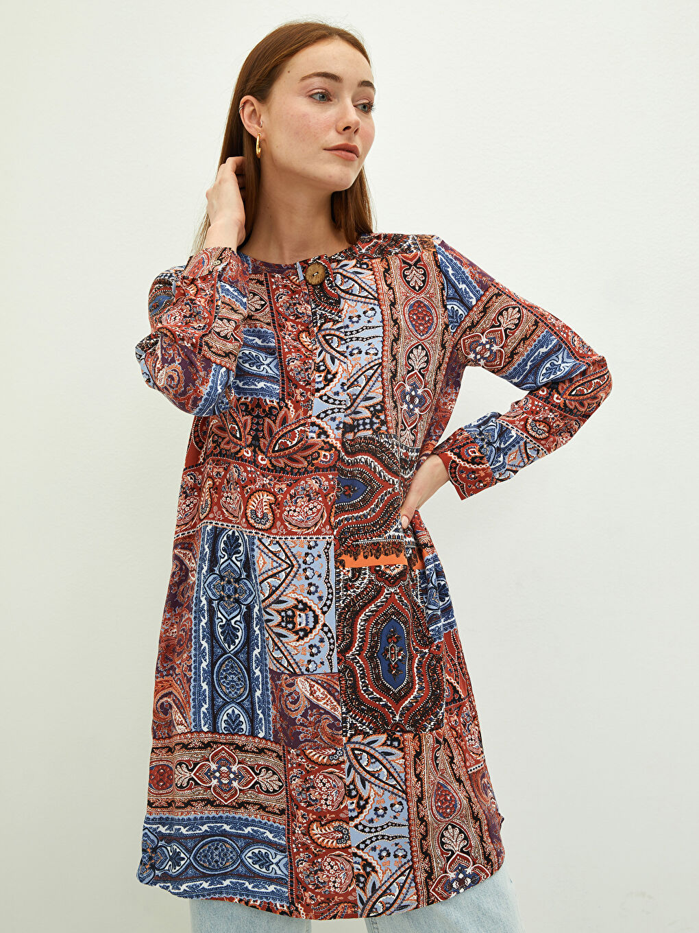 Crew Neck Patterned Long Sleeve Viscose Women's Tunic