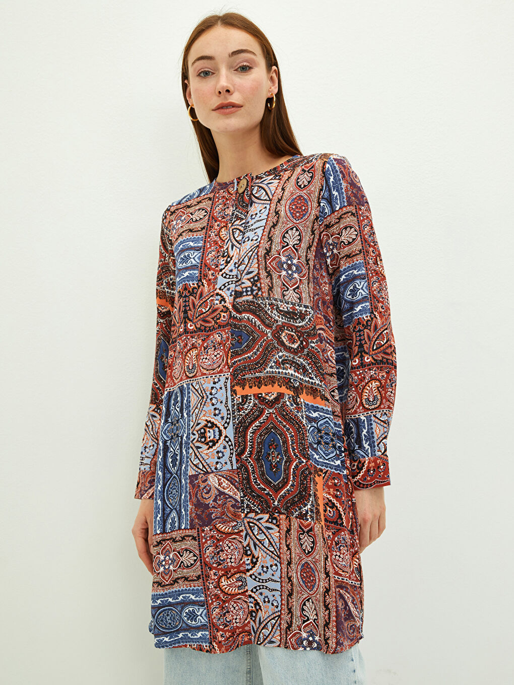 Crew Neck Patterned Long Sleeve Viscose Women's Tunic-1