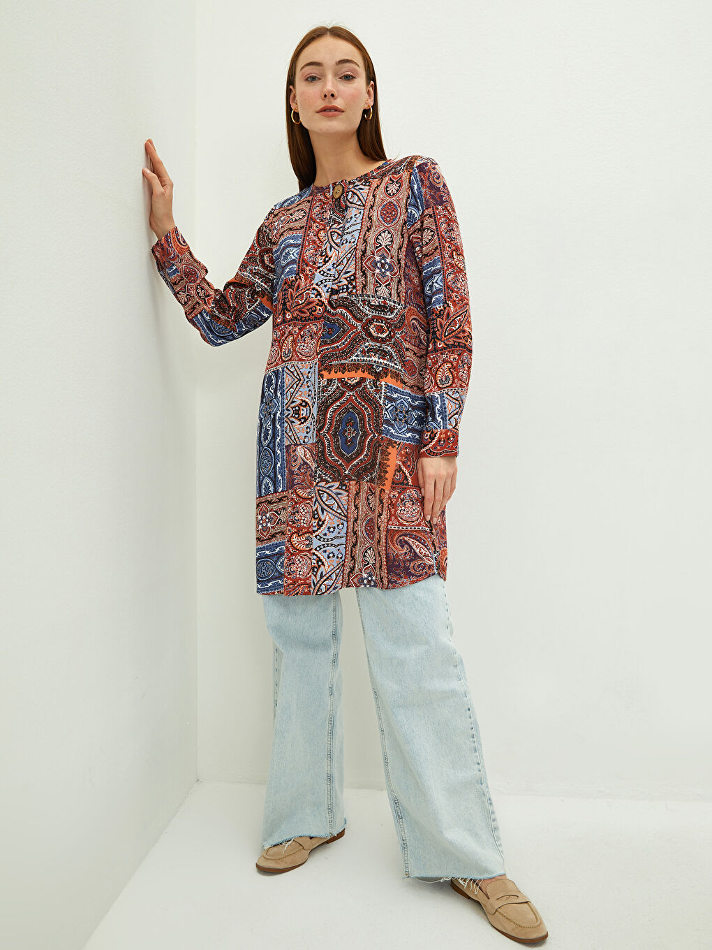 Crew Neck Patterned Long Sleeve Viscose Women's Tunic-3