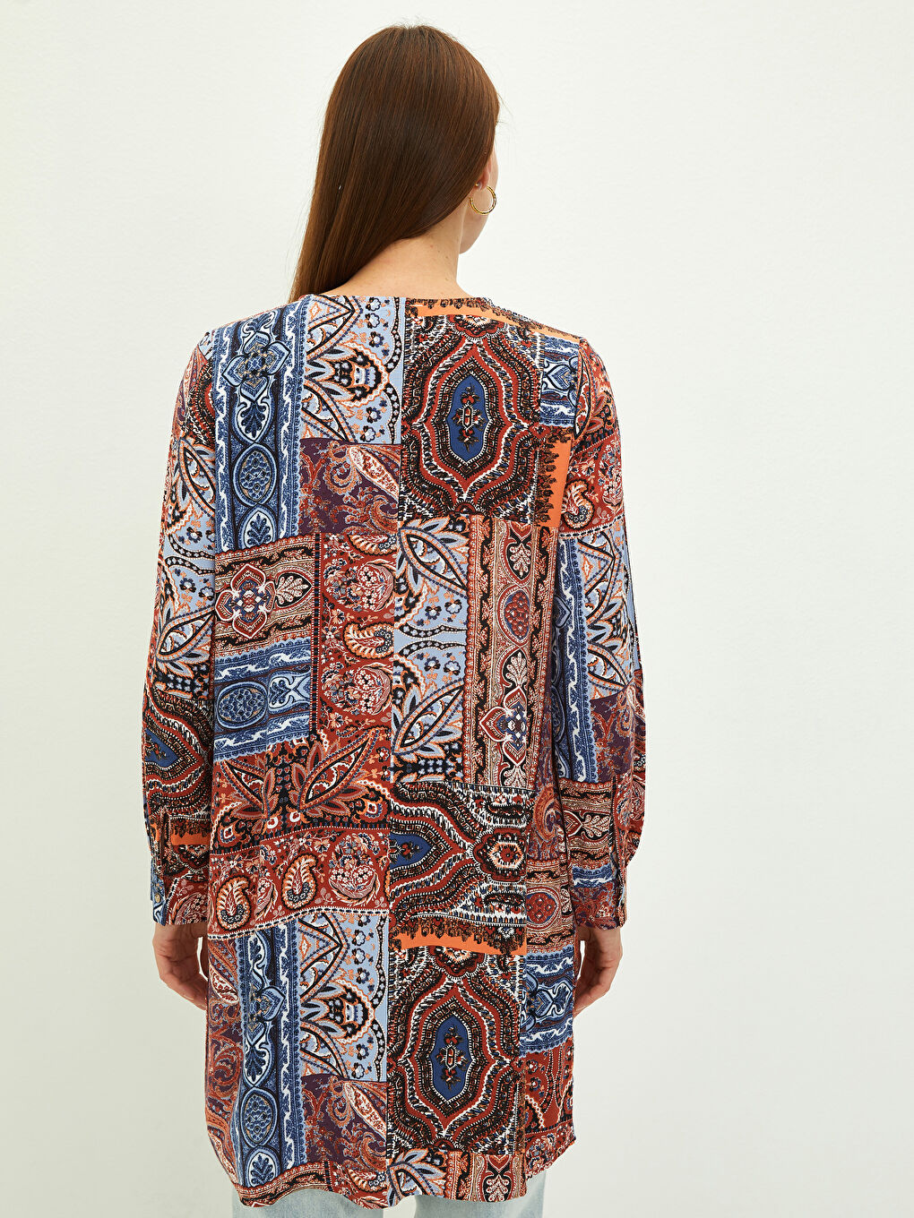 Crew Neck Patterned Long Sleeve Viscose Women's Tunic-4