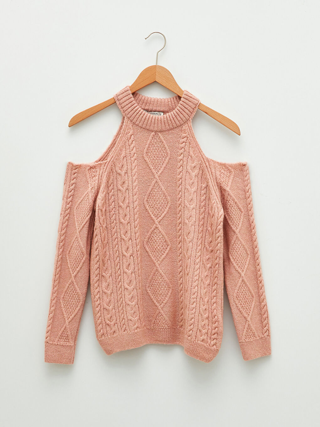 Pembe Bisiklet Yaka Kendinden Desenli Uzun Kollu Kadın Triko Kazak-5