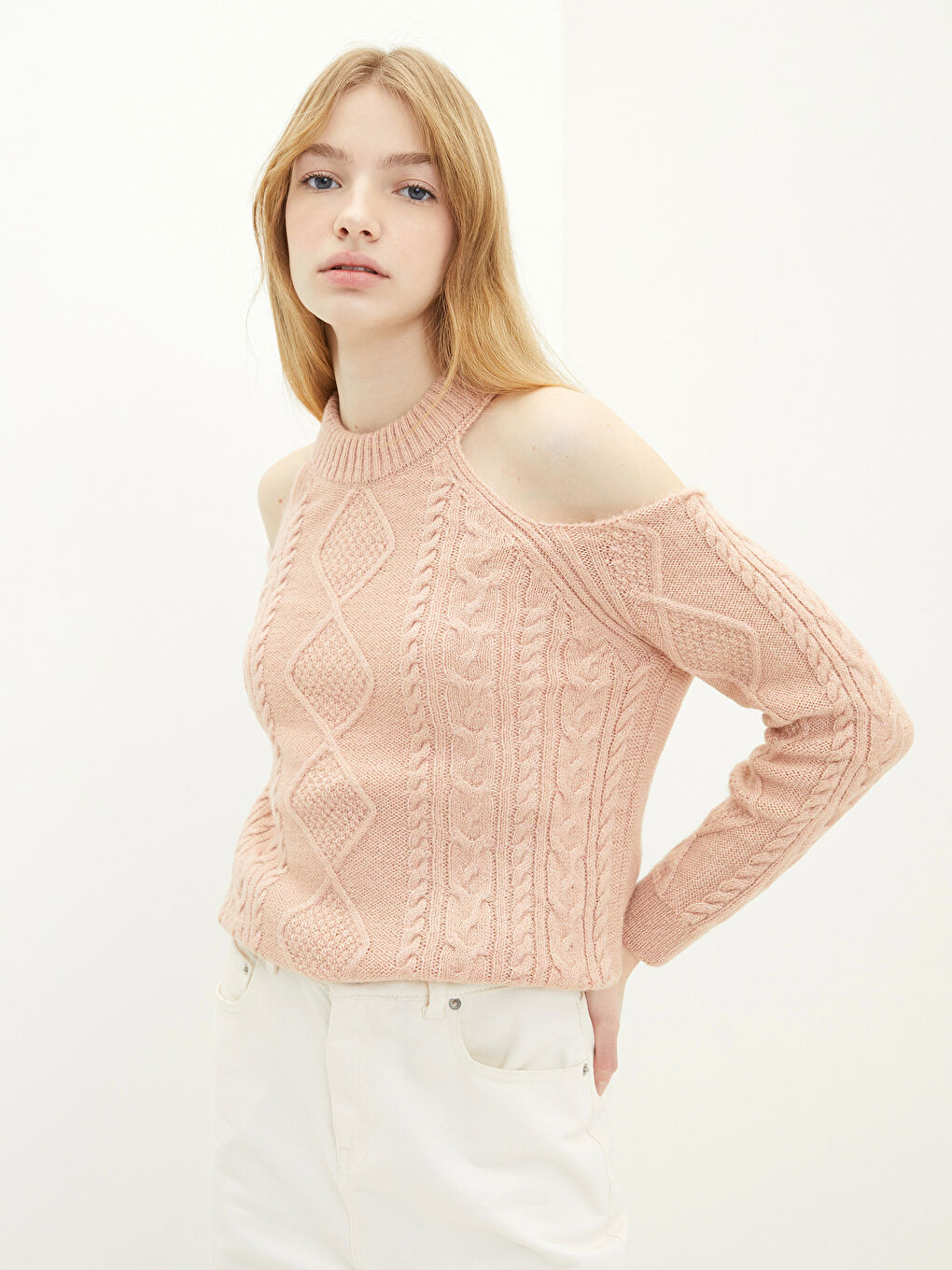 Pembe Bisiklet Yaka Kendinden Desenli Uzun Kollu Kadın Triko Kazak