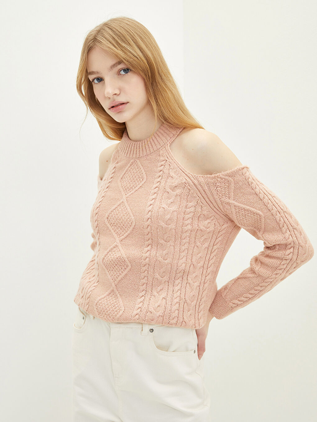 Pembe Bisiklet Yaka Kendinden Desenli Uzun Kollu Kadın Triko Kazak-1