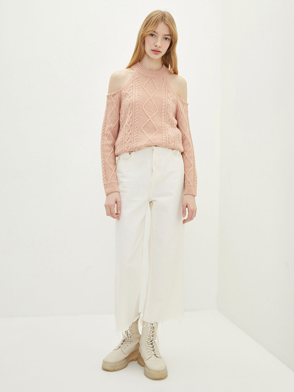 Pembe Bisiklet Yaka Kendinden Desenli Uzun Kollu Kadın Triko Kazak-2