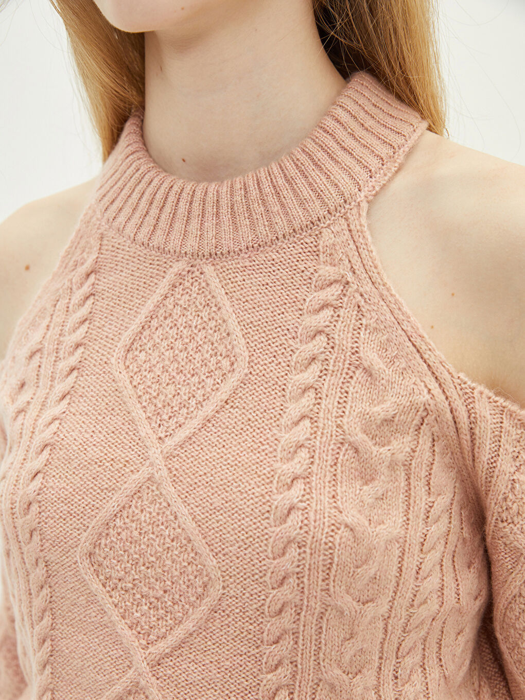 Pembe Bisiklet Yaka Kendinden Desenli Uzun Kollu Kadın Triko Kazak-3