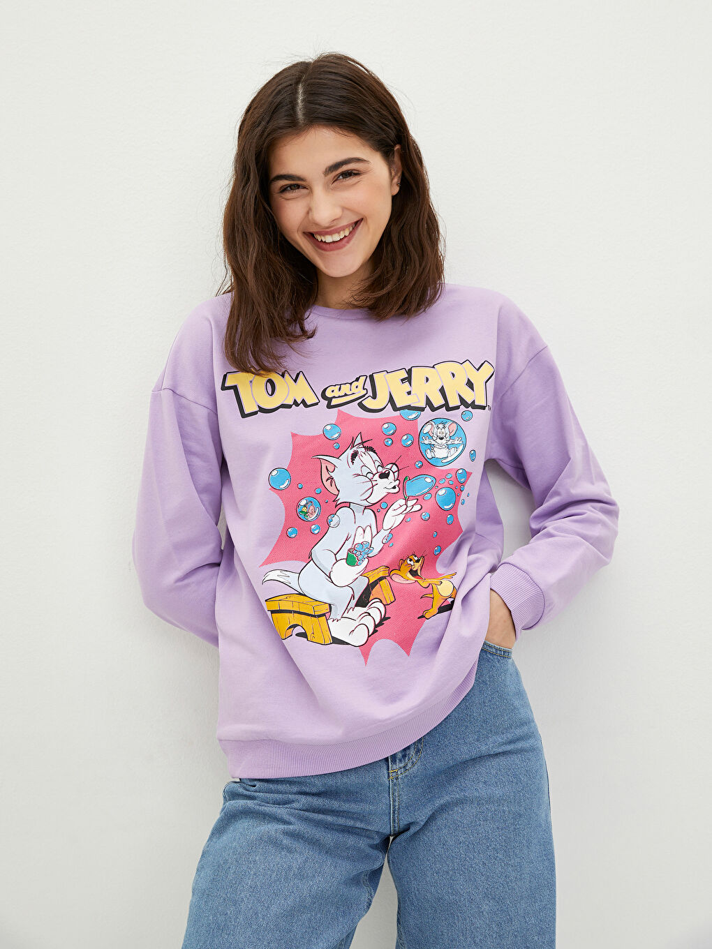 LCW Vision Lila Bisiklet Yaka Tom ve Jerry Baskılı Uzun Kollu Kadın Sweatshirt