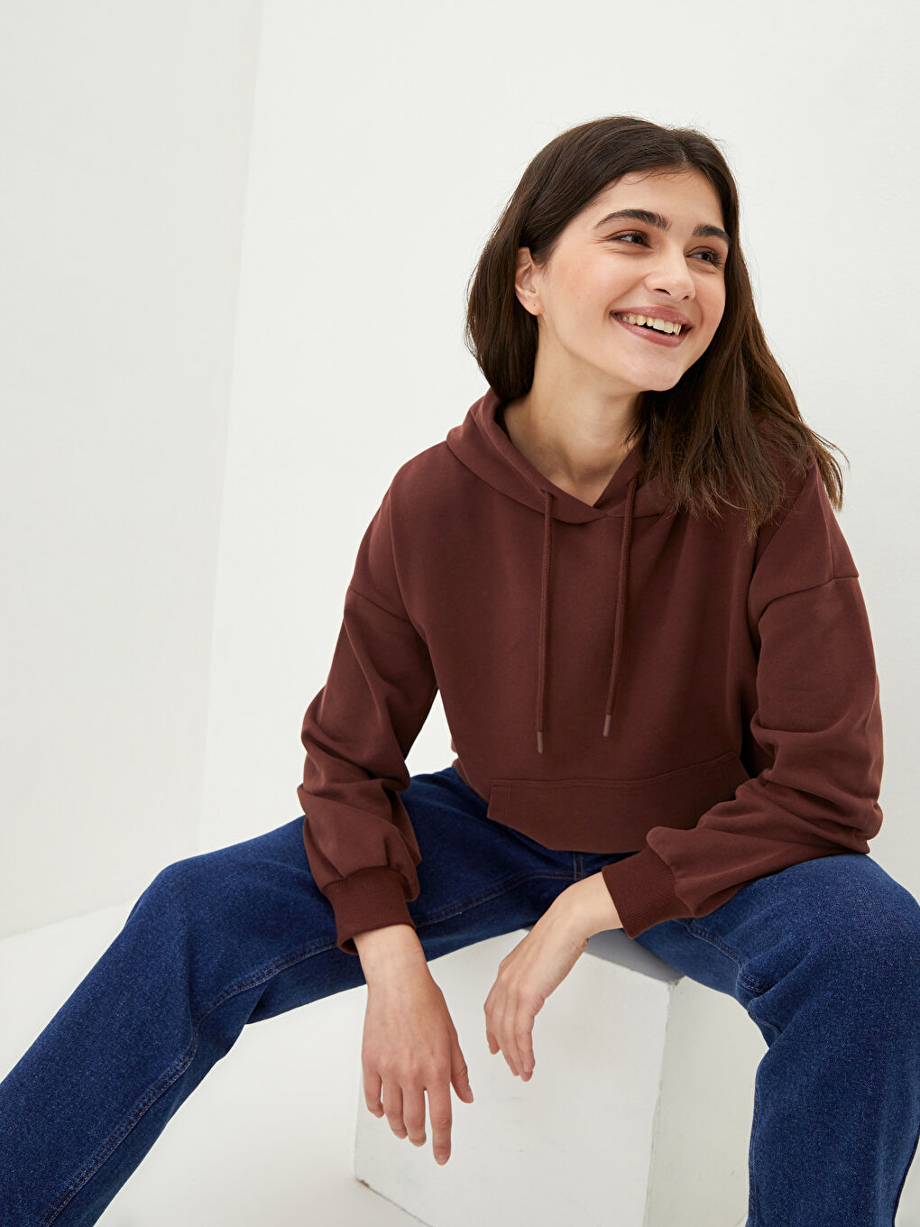 Hooded Plain Long Sleeve Women's Sweatshirt-2