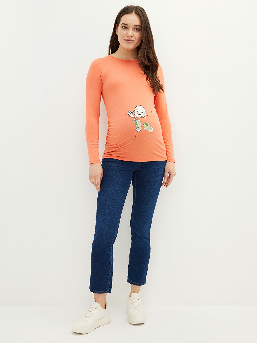 Mercan Bisiklet Yaka Baskılı Uzun Kollu Hamile Tişört-2