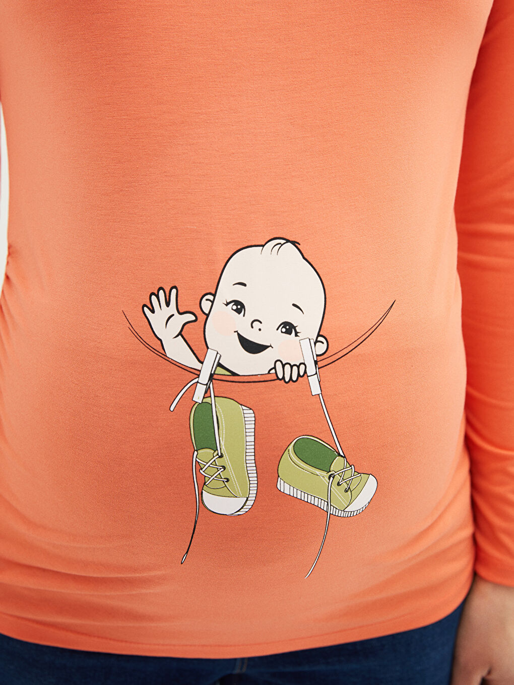 Mercan Bisiklet Yaka Baskılı Uzun Kollu Hamile Tişört-3