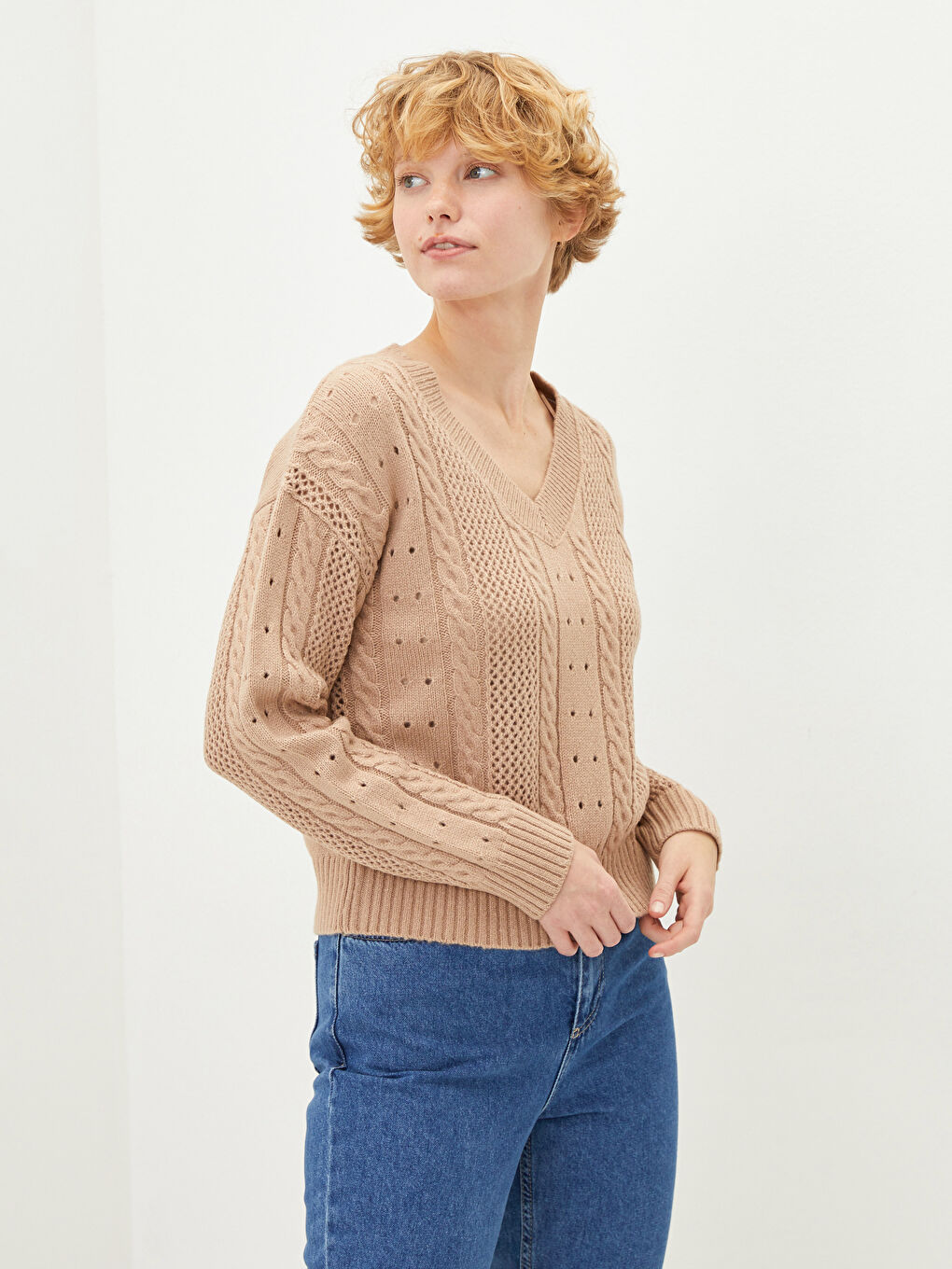 Әйелдерге арналған v жағалы өрнекті ұзын жең трикотаж жемпір-2