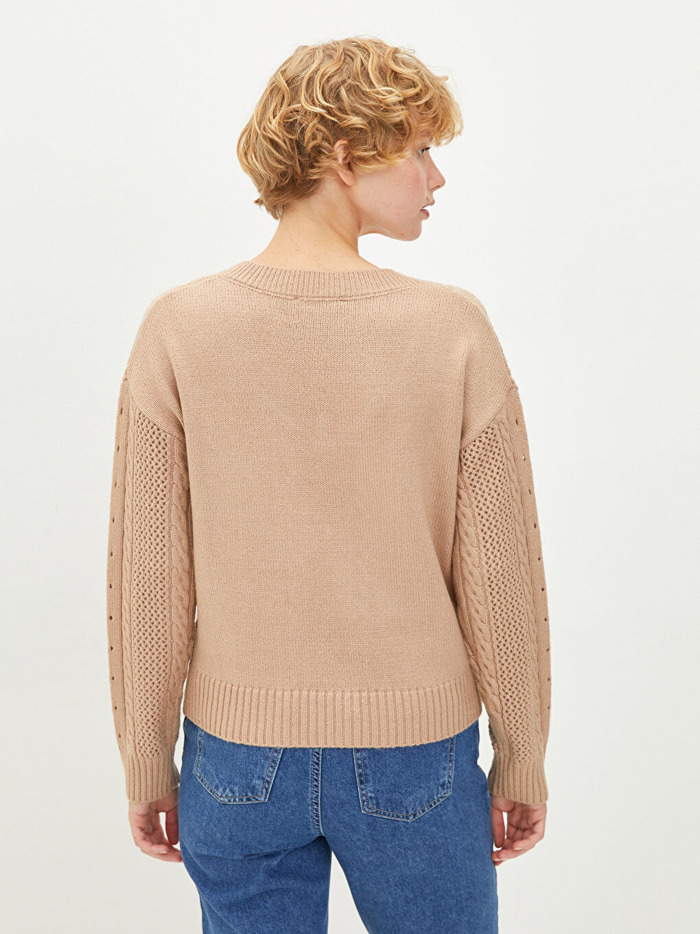 Әйелдерге арналған v жағалы өрнекті ұзын жең трикотаж жемпір-4