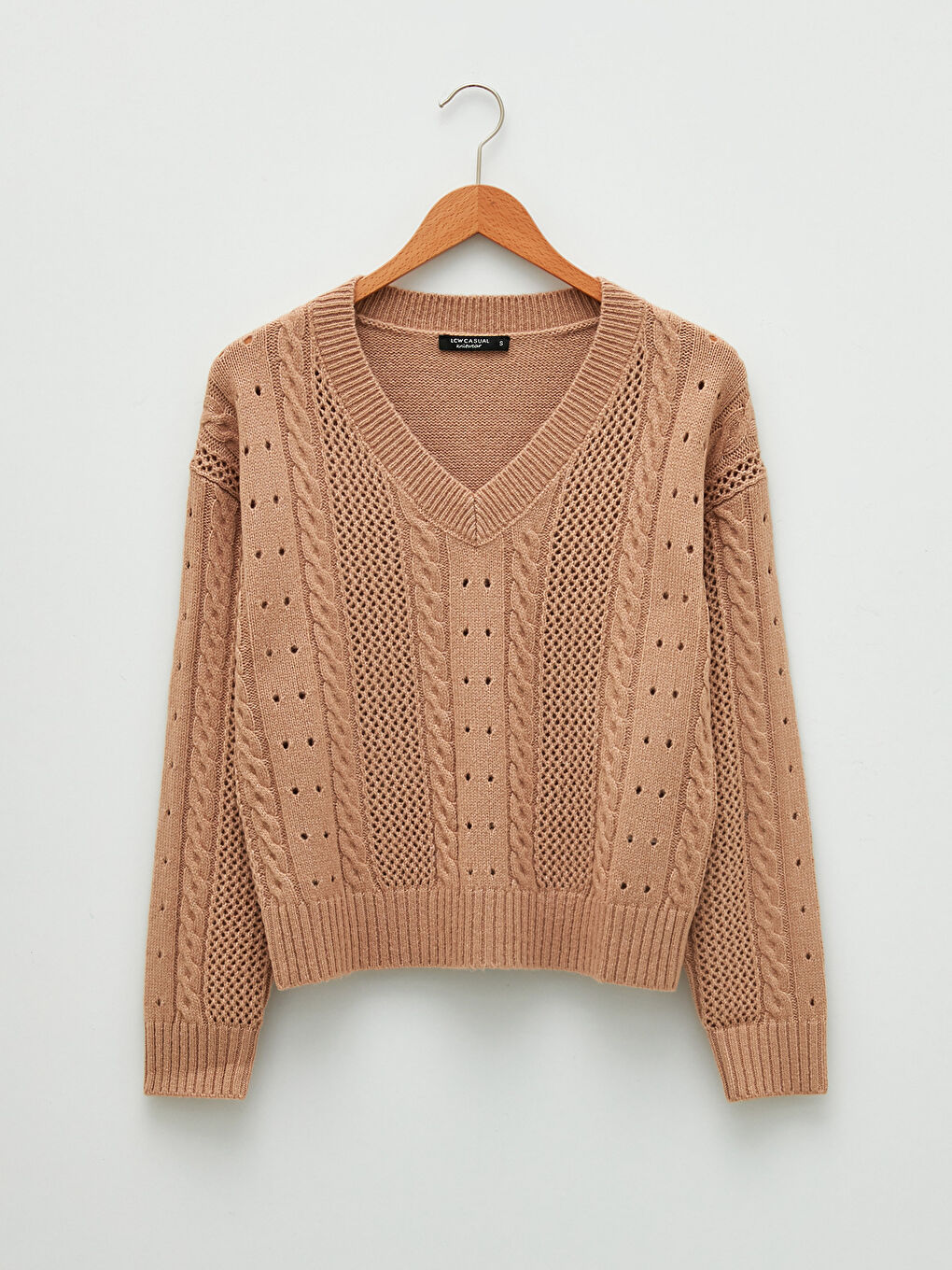 Әйелдерге арналған v жағалы өрнекті ұзын жең трикотаж жемпір-5