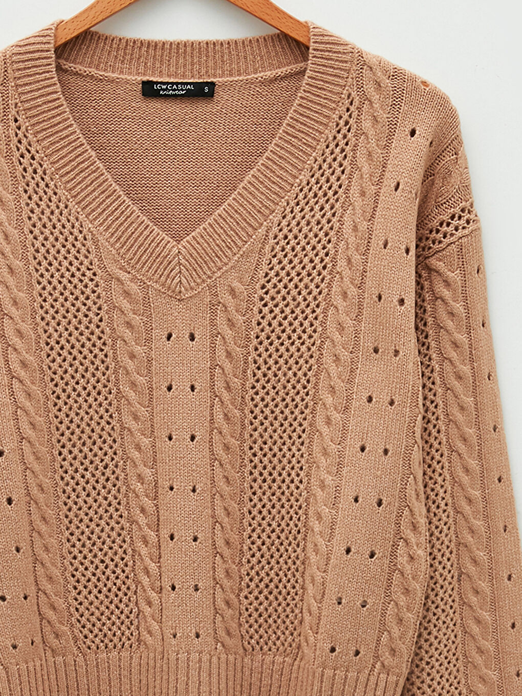 Әйелдерге арналған v жағалы өрнекті ұзын жең трикотаж жемпір-7