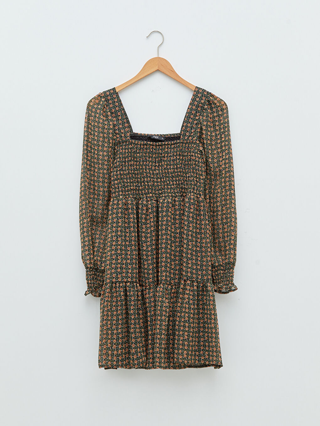 Siyah Kare Yaka Desenli Uzun Kollu Şifon Kadın Elbise-5