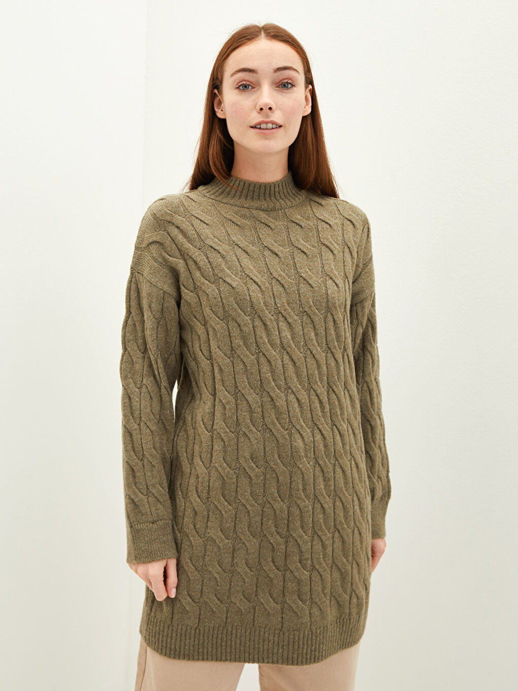 Yeşil Yarım Balıkçı Yaka Kendinden Desenli Uzun Kollu Kadın Triko Tunik