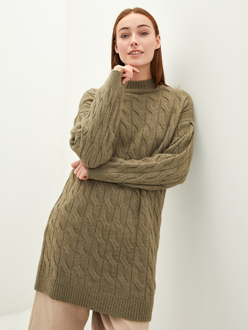 Yeşil Yarım Balıkçı Yaka Kendinden Desenli Uzun Kollu Kadın Triko Tunik-1