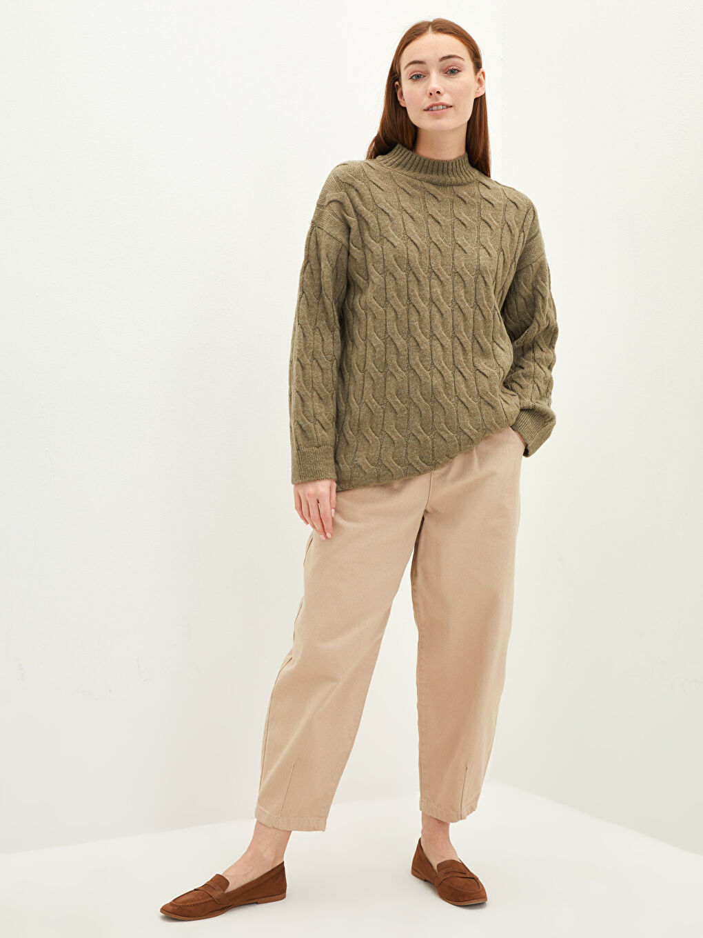 Yeşil Yarım Balıkçı Yaka Kendinden Desenli Uzun Kollu Kadın Triko Tunik-2