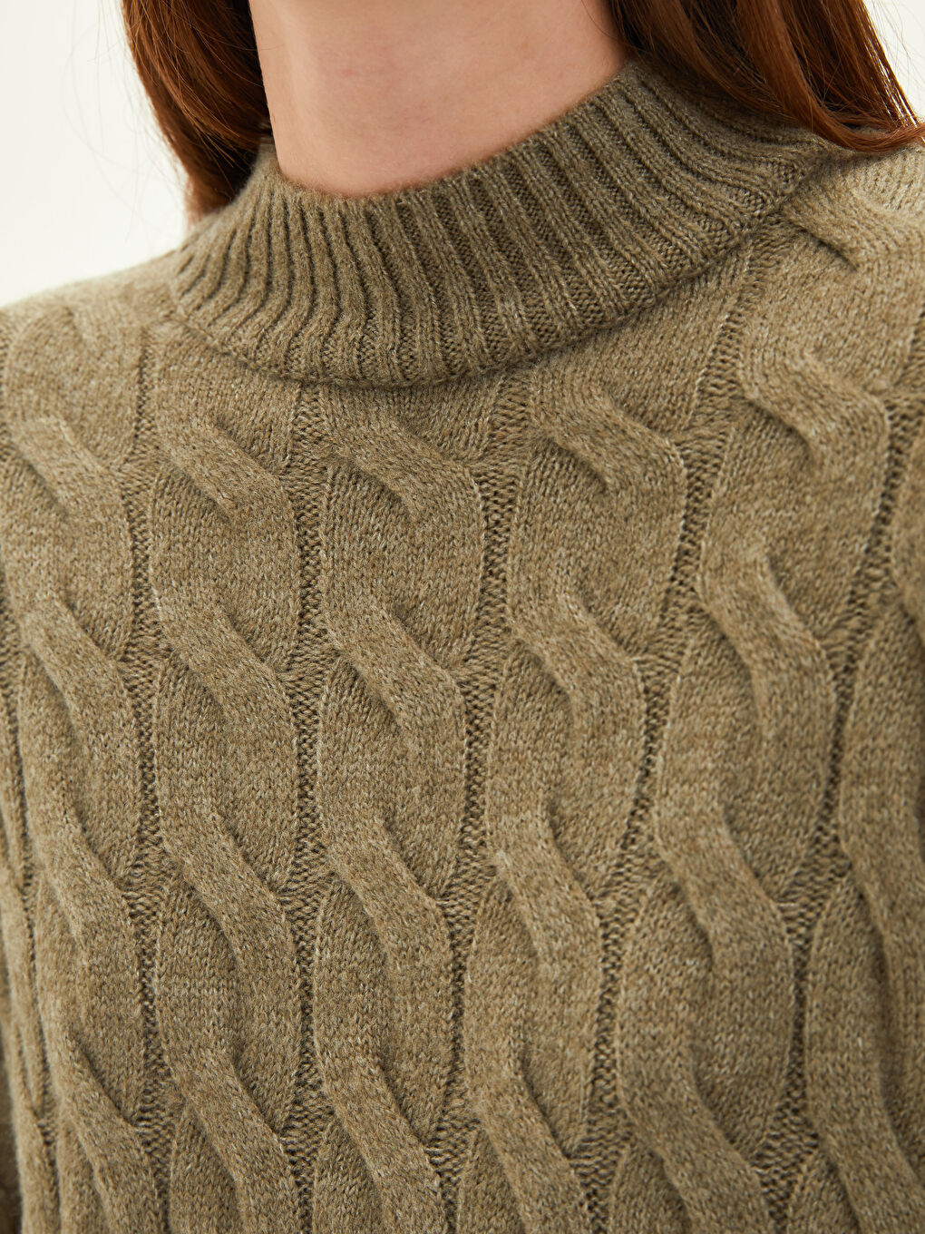 Yeşil Yarım Balıkçı Yaka Kendinden Desenli Uzun Kollu Kadın Triko Tunik-3