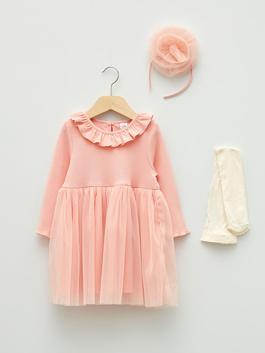 Mercan Bisiklet Yaka Uzun Kollu Kız Bebek Kutulu Elbise Külotlu Çorap ve Taç 3'lü Takım-1