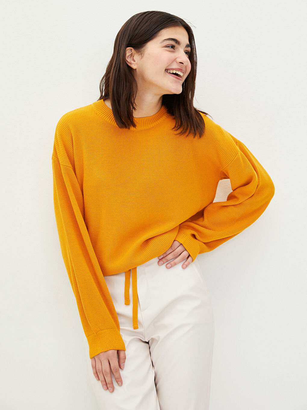 Crew Neck Regular Lace-up Detailed Long Sleeve Women's Tricot Sweater-1