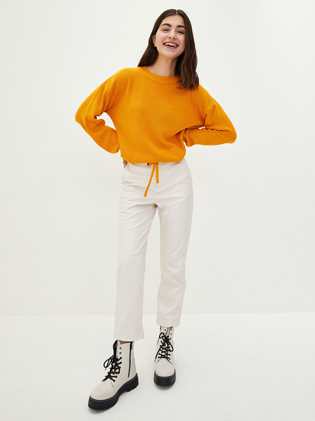 Crew Neck Regular Lace-up Detailed Long Sleeve Women's Tricot Sweater-2